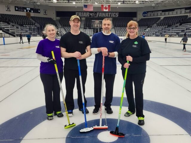 Team Walker — Dee, Jim, Andy and Kendall — at the GNCC Arena Championships this weekend 🥌 #southshorecurling #southshorecurlingclub #sscc #curling @oceanstatecurling